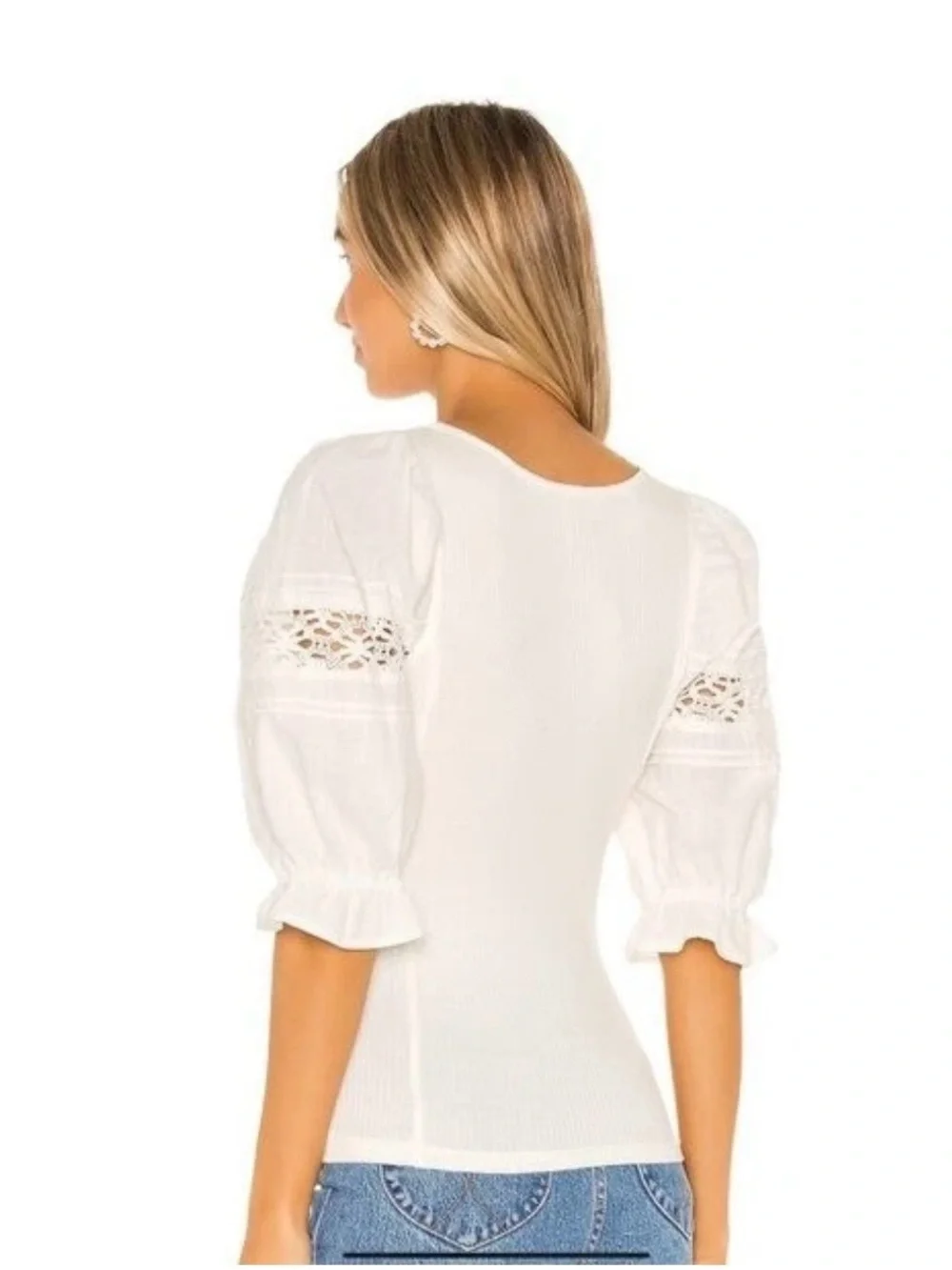 Free People White Puff Sleeve Crochet Inset Top
